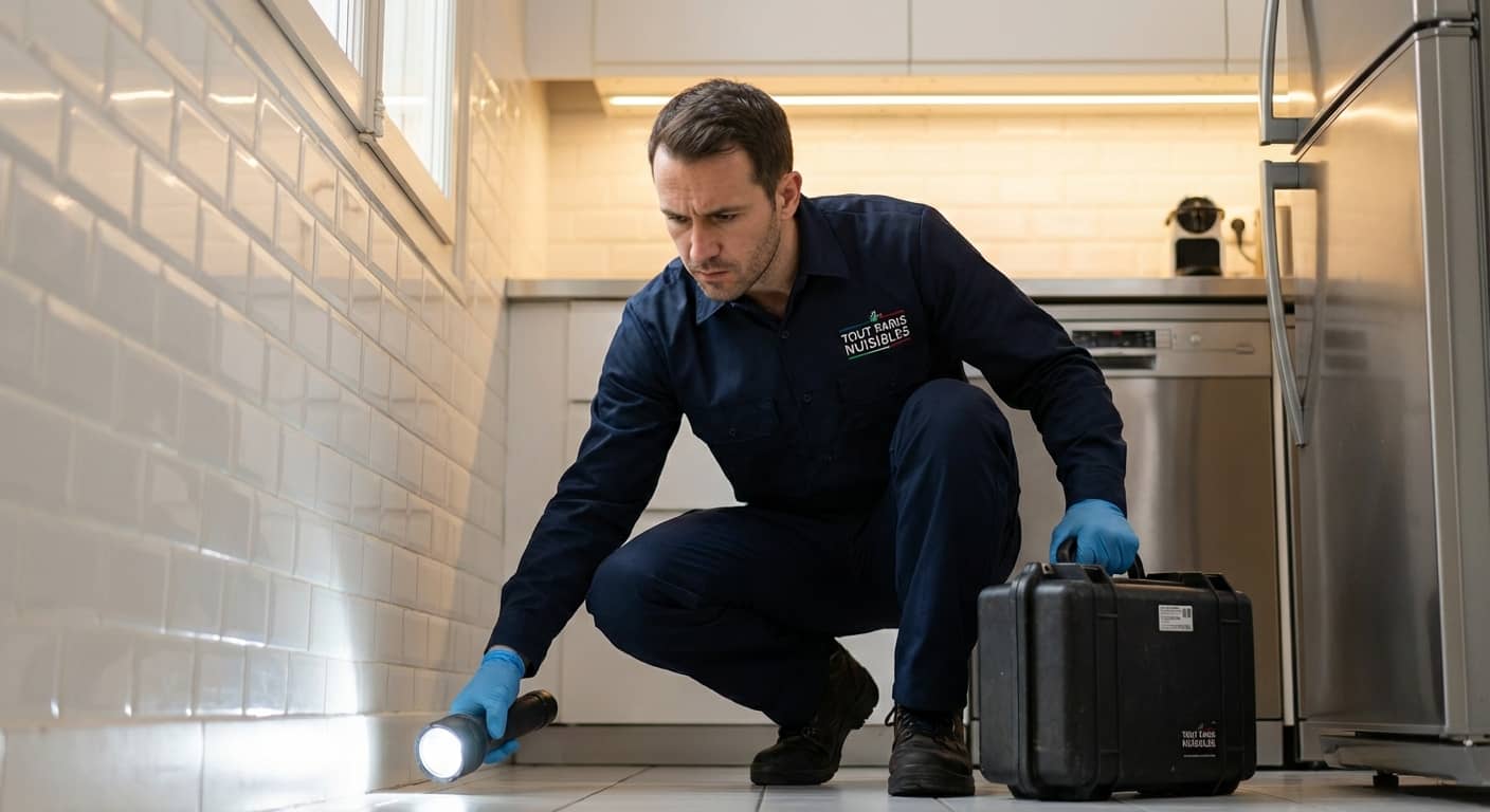 Technicien inspectant une cuisine avec lampe torche